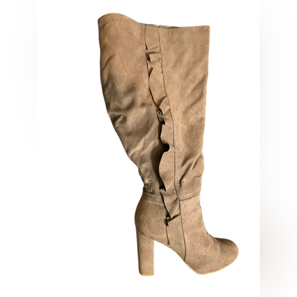 Journey + Crew extra wide calf knee high tan suede boots with ruffle, size 8